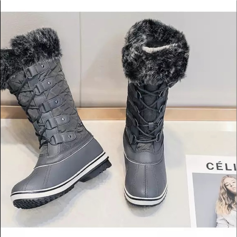 Womens Black Snow Boots Faux Fur Lined Lace Tie Thick Warm Heavyweight - Picture 5 of 9